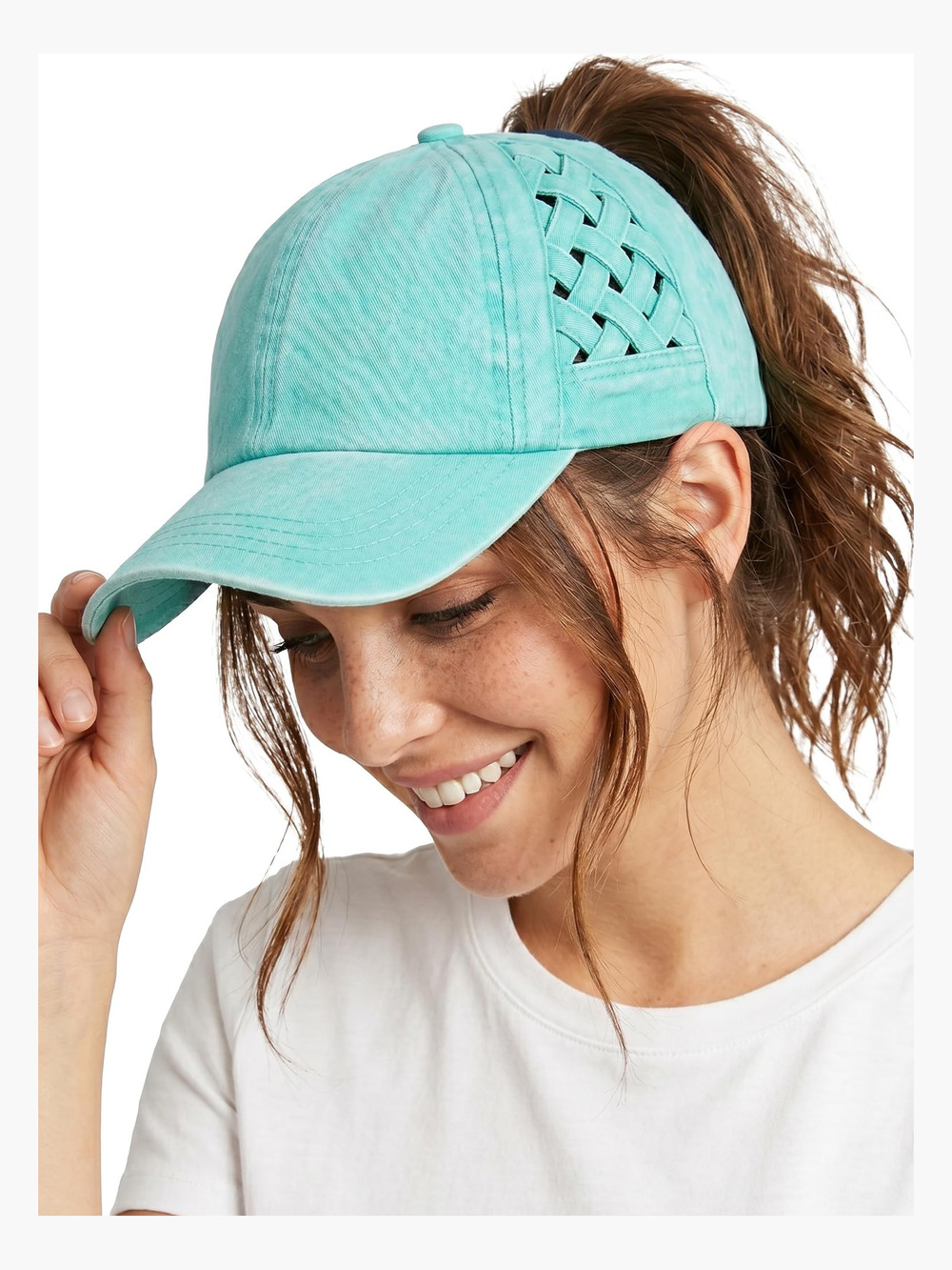 Criss Cross Ponytail Cap, Messy Bun Distressed | Basketweave, Mint | Size OS